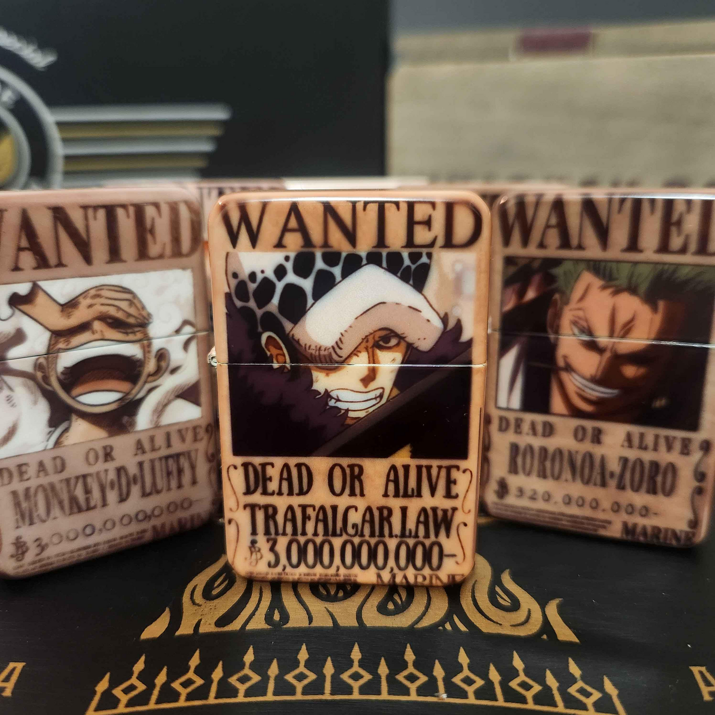 One Piece Custom Lighters - Engraved & Sublimated Bounty Wanted Poster Design, Straw Hat Luffy, Zoro, Sanji, Nami, Robin, Trafalgar D Law