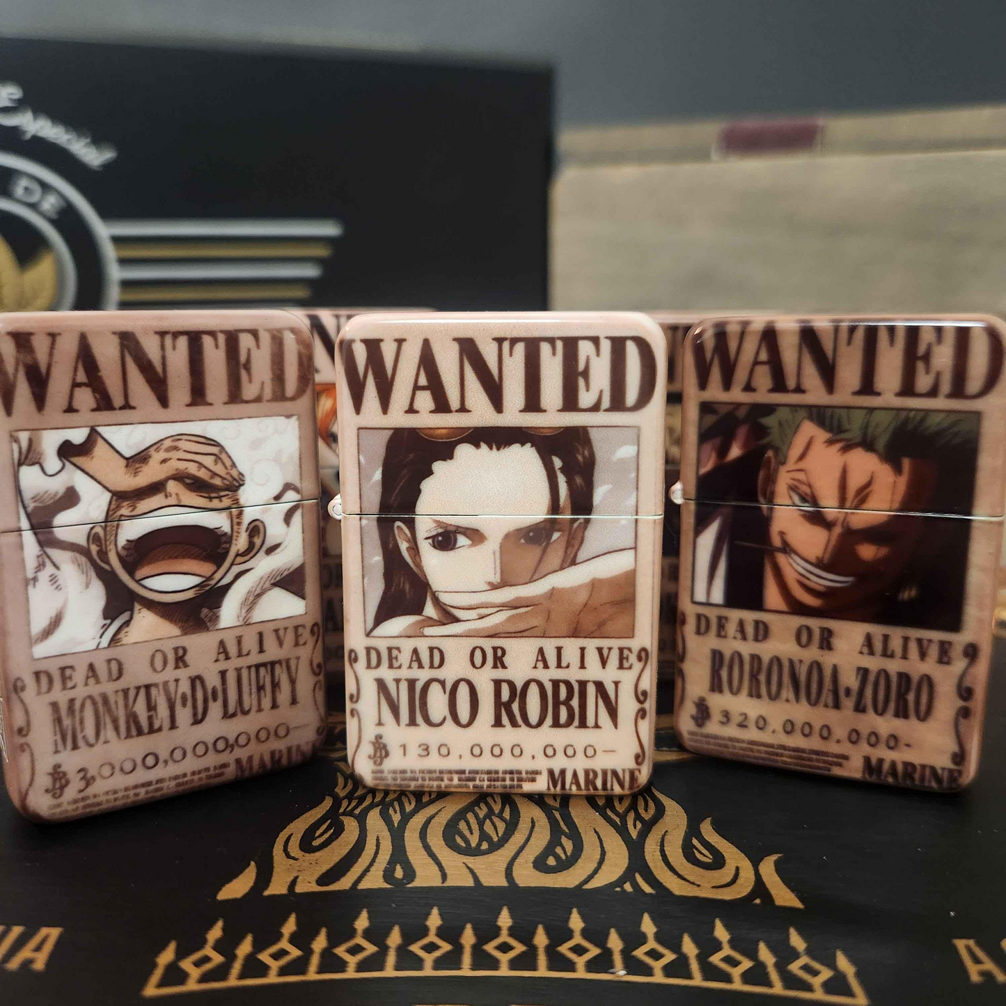 One Piece Custom Lighters - Engraved & Sublimated Bounty Wanted Poster Design, Straw Hat Luffy, Zoro, Sanji, Nami, Robin, Trafalgar D Law