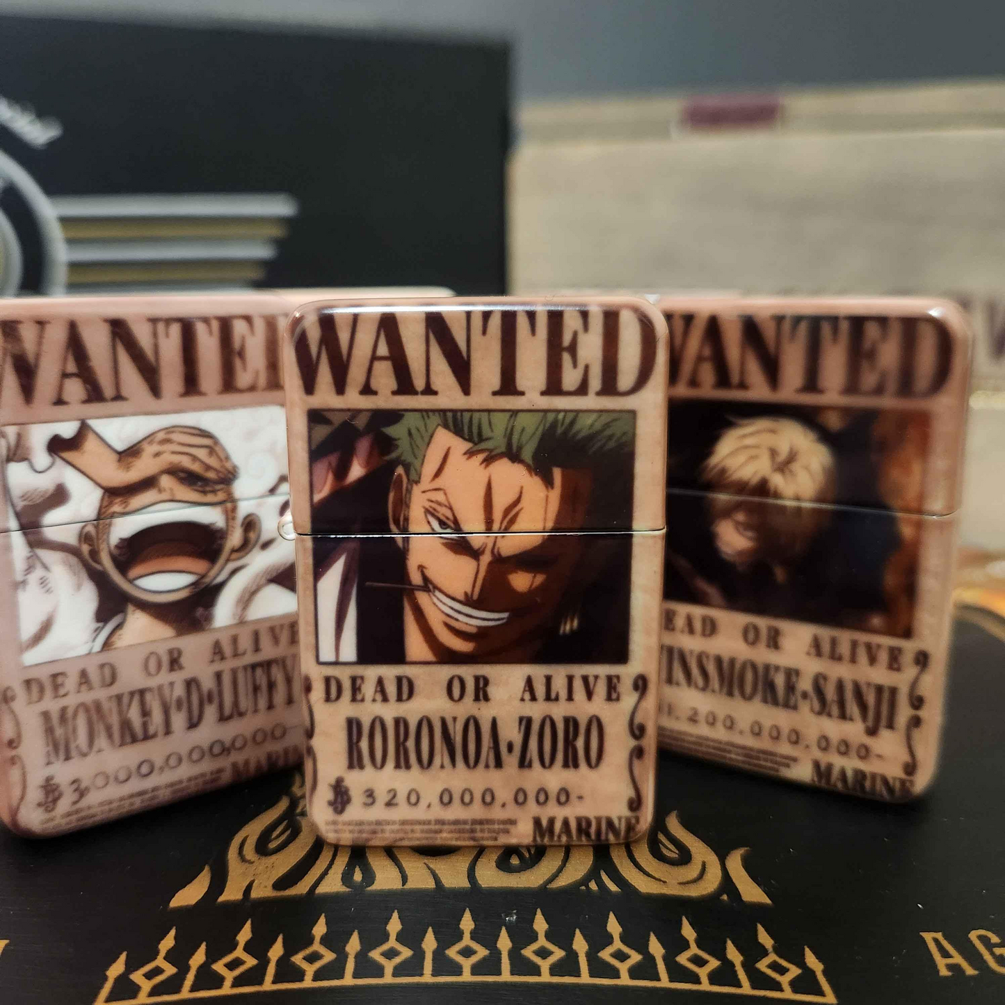 One Piece Custom Lighters - Engraved & Sublimated Bounty Wanted Poster Design, Straw Hat Luffy, Zoro, Sanji, Nami, Robin, Trafalgar D Law
